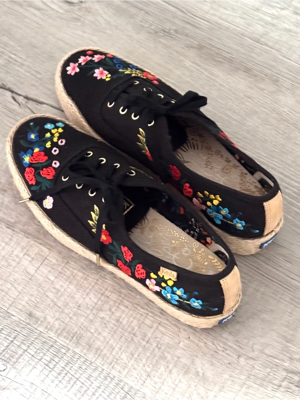 Keds Rifle Paper Black Embroidered Floral Espadrille Platform Sneaker Womens 9